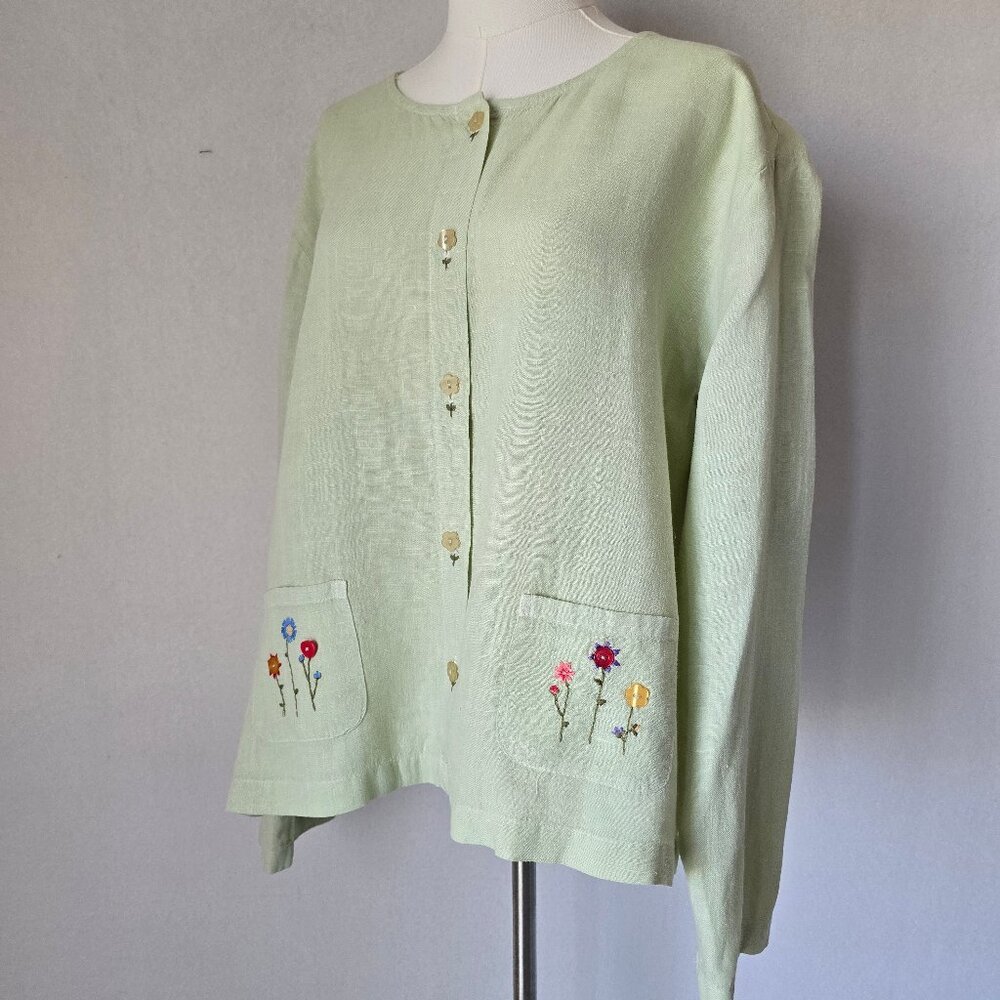 Vintage Hot Cotton by Marc Ware Embroidered Linen Lagenlook Top Button Green - Picture 2 of 12